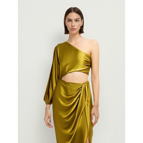 The Mira Asymmetric Off Shoulder Midi Dress