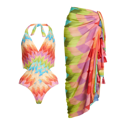 The Chloris One-Piece Swimsuit Sarong Set